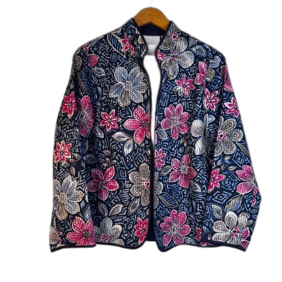 Alfred Dunner Floral Quilted Open Front Jacket Asian Flair Lightweight Size 14P - Picture 1 of 7